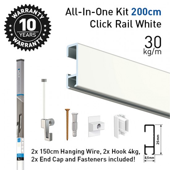 Artiteq 9.5621 Click Rail white 200cm economy set including picture hanging rail, 2 hanging cords, 2 hooks and all fasteners